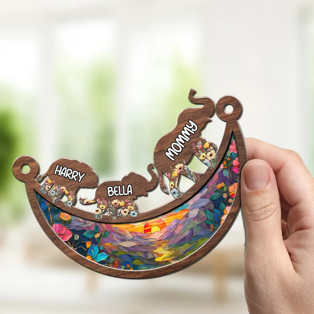 Personalized Elephant Family Wood and Acrylic Layered Ornament, Colorful Sunset Suncatcher Style, Unique Gift for Mom or Grandma - Image 3