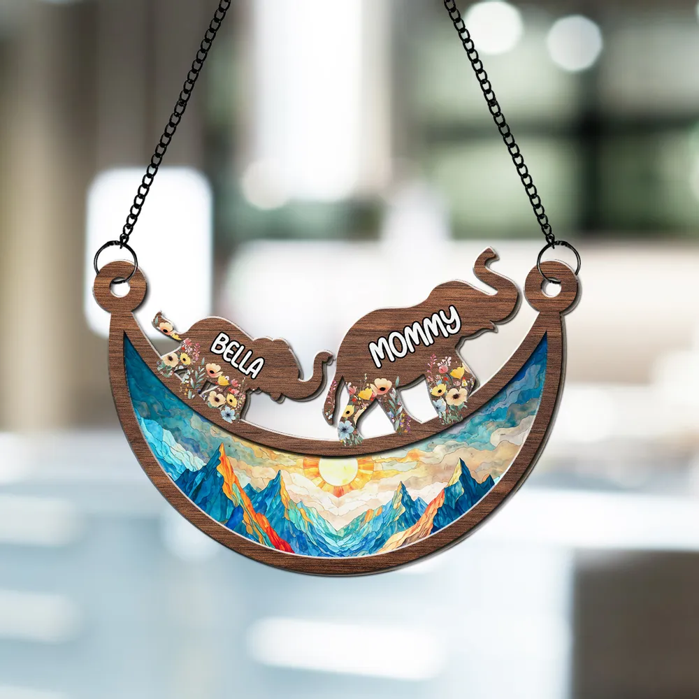 Personalized Elephant Family Wood and Acrylic Layered Ornament, Colorful Sunset Suncatcher Style, Unique Gift for Mom or Grandma - Image 5