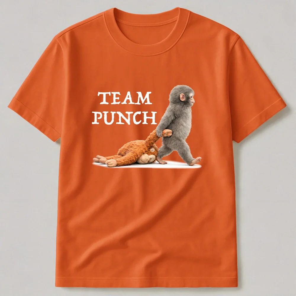 Team Punch Classic Tee Funny Baby Monkey Dragging Plush Shirt - Unique Creative Gift for Animal Lovers