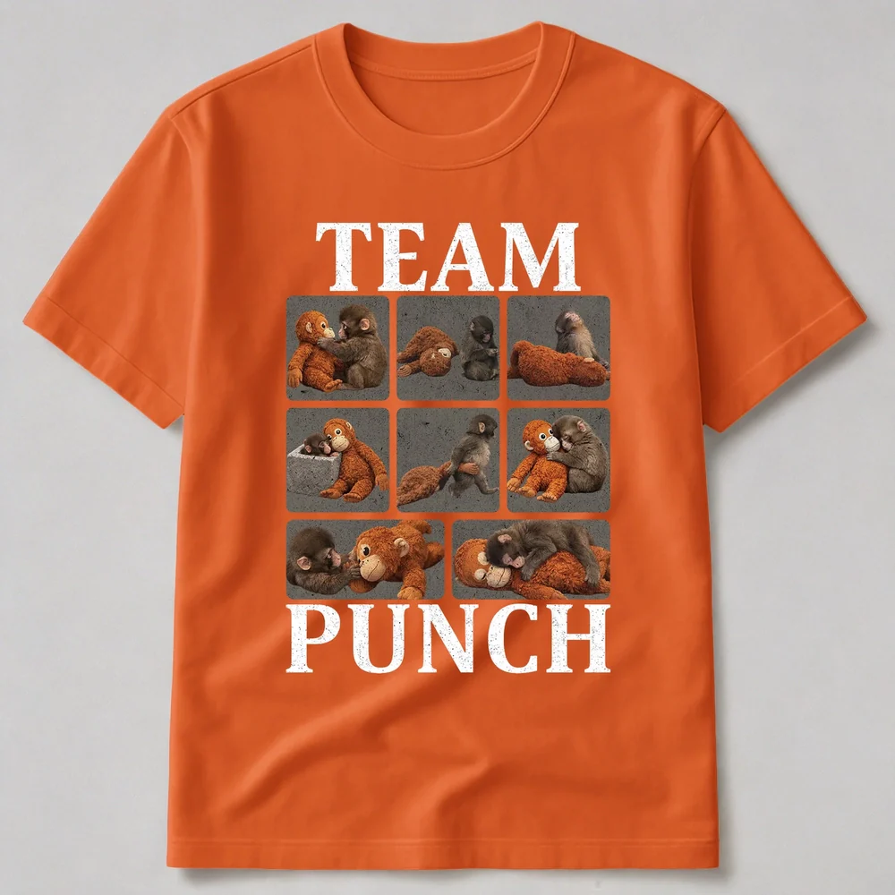 Team Punch Classic Tee Funny Baby Monkey Dragging Plush Shirt - Unique Creative Gift for Animal Lovers - Image 6