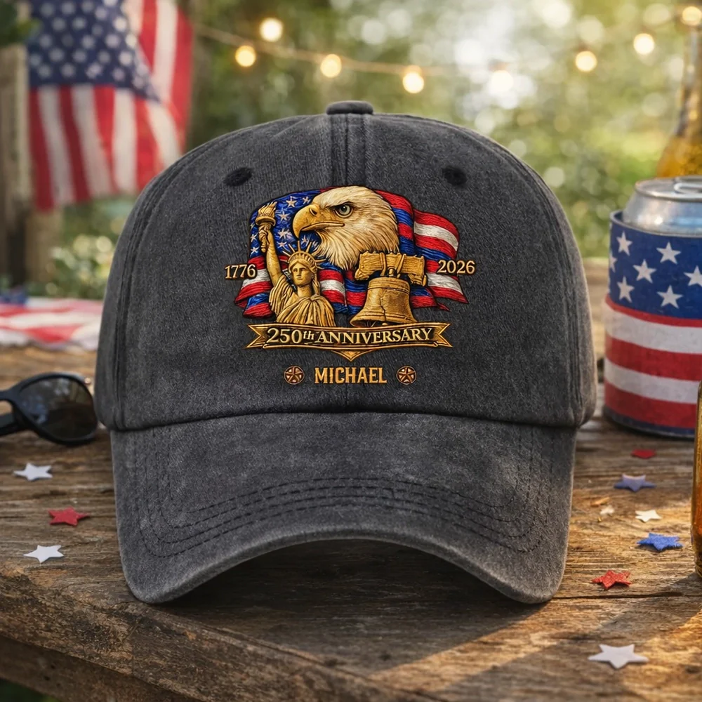 Personalized Washed Denim Baseball Cap with Patriotic Eagle Flag 250th Anniversary Design - Unique Gift for History Lovers
