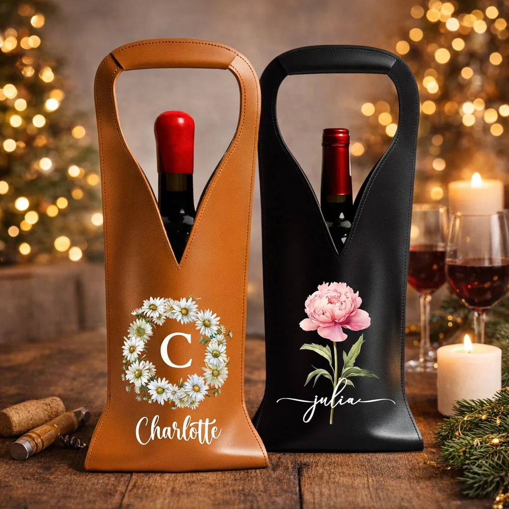 Custom Floral Name PU Leather Wine Bag, Stylish Wine Bottle Holder for Girls Night or Housewarming, Unique Gift