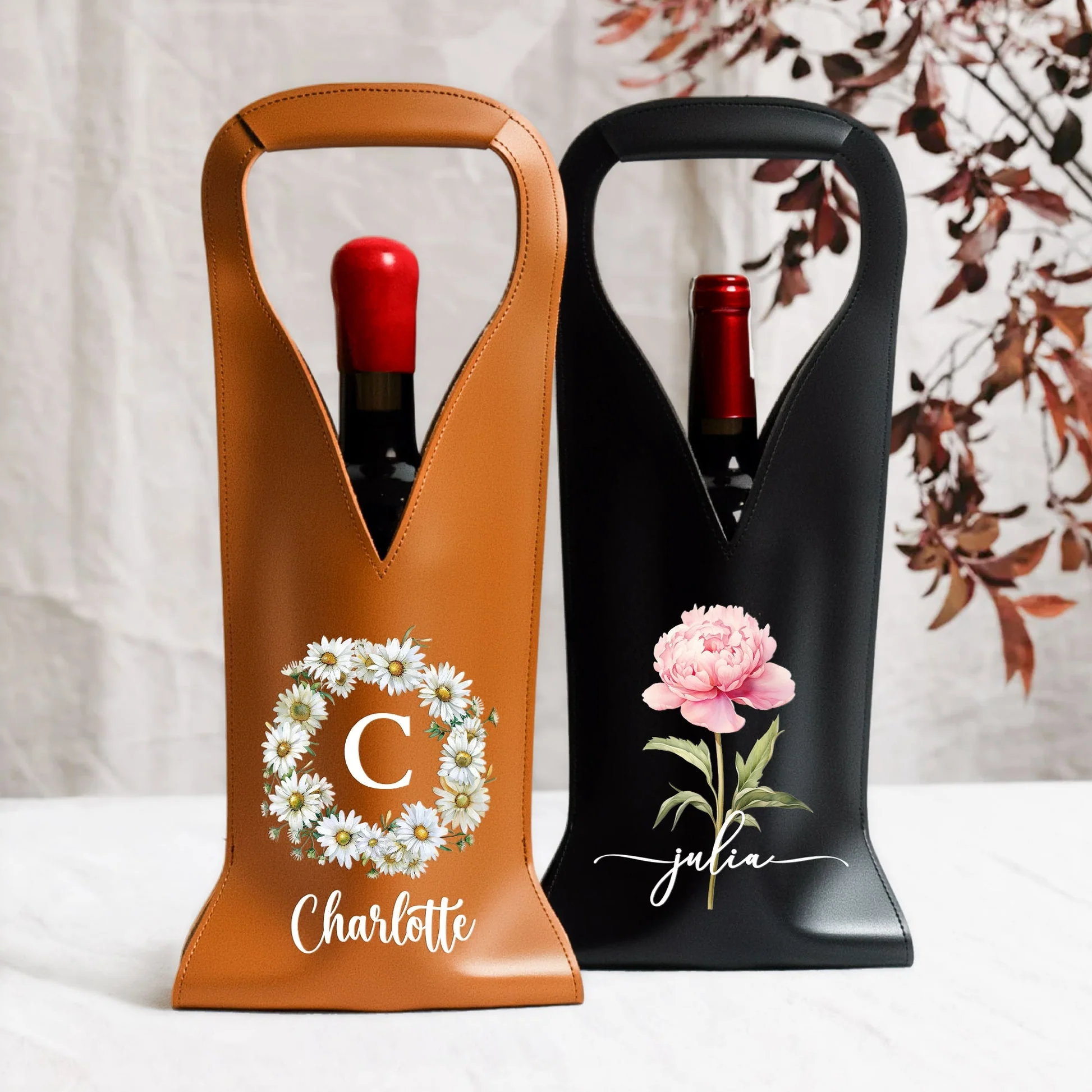 Custom Floral Name PU Leather Wine Bag, Stylish Wine Bottle Holder for Girls Night or Housewarming, Unique Gift - Image 2