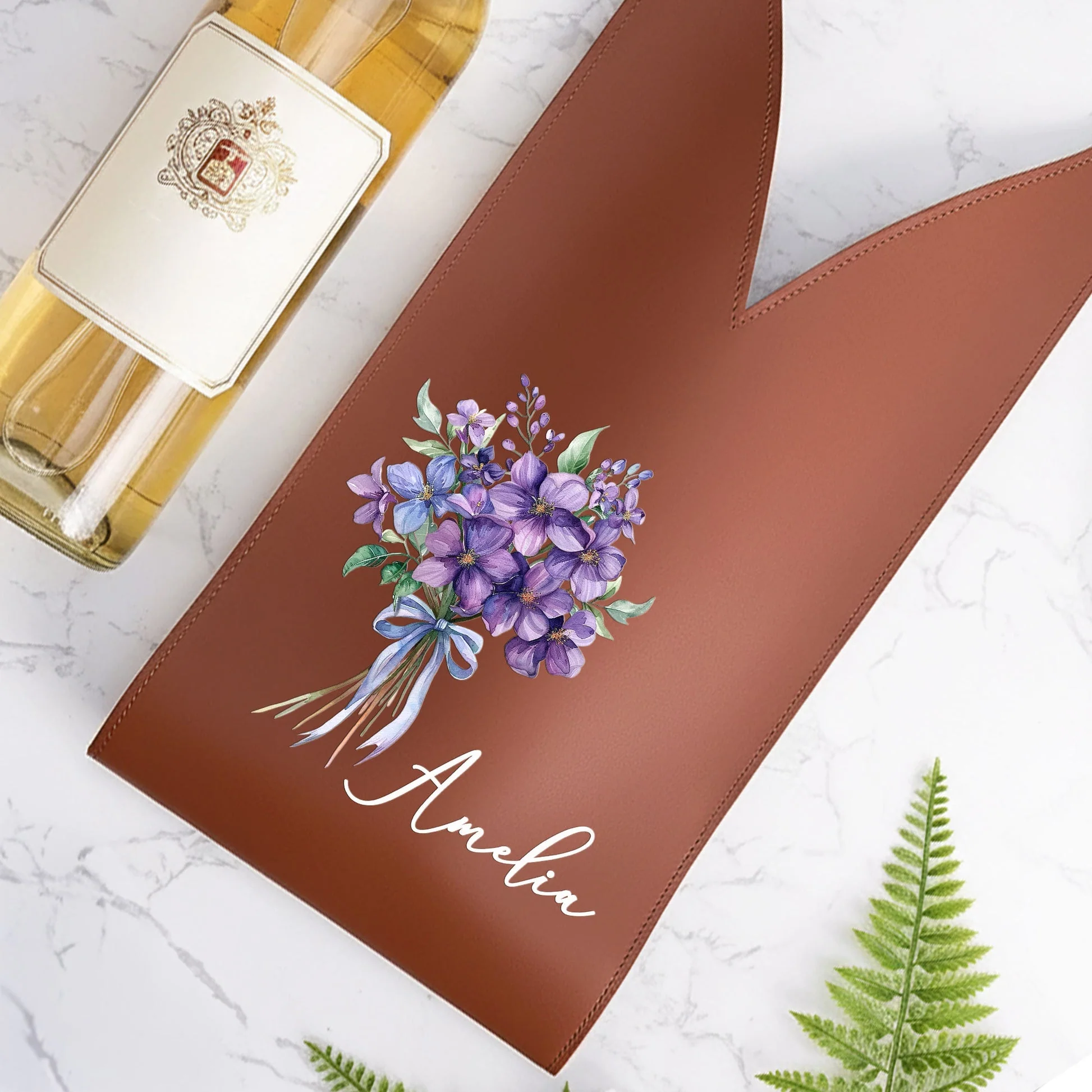 Custom Floral Name PU Leather Wine Bag, Stylish Wine Bottle Holder for Girls Night or Housewarming, Unique Gift - Image 3
