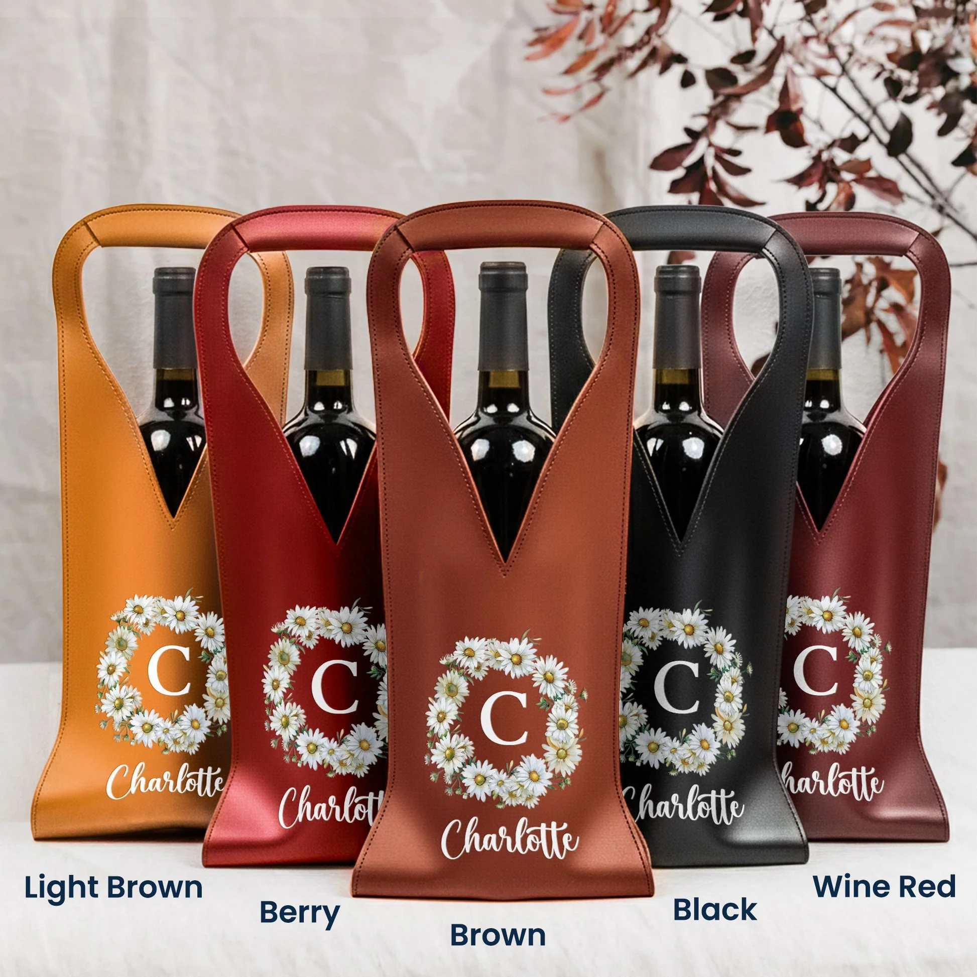 Custom Floral Name PU Leather Wine Bag, Stylish Wine Bottle Holder for Girls Night or Housewarming, Unique Gift - Image 6