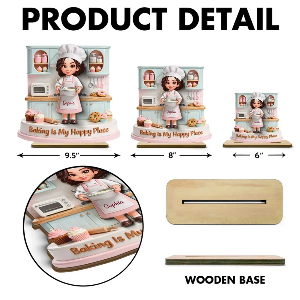 Personalized 2-Layer Wooden Plaque, Baking Is My Happy Place Cute Chef in Pastel Kitchen, Unique Gift for Mom or Grandma - Image 4