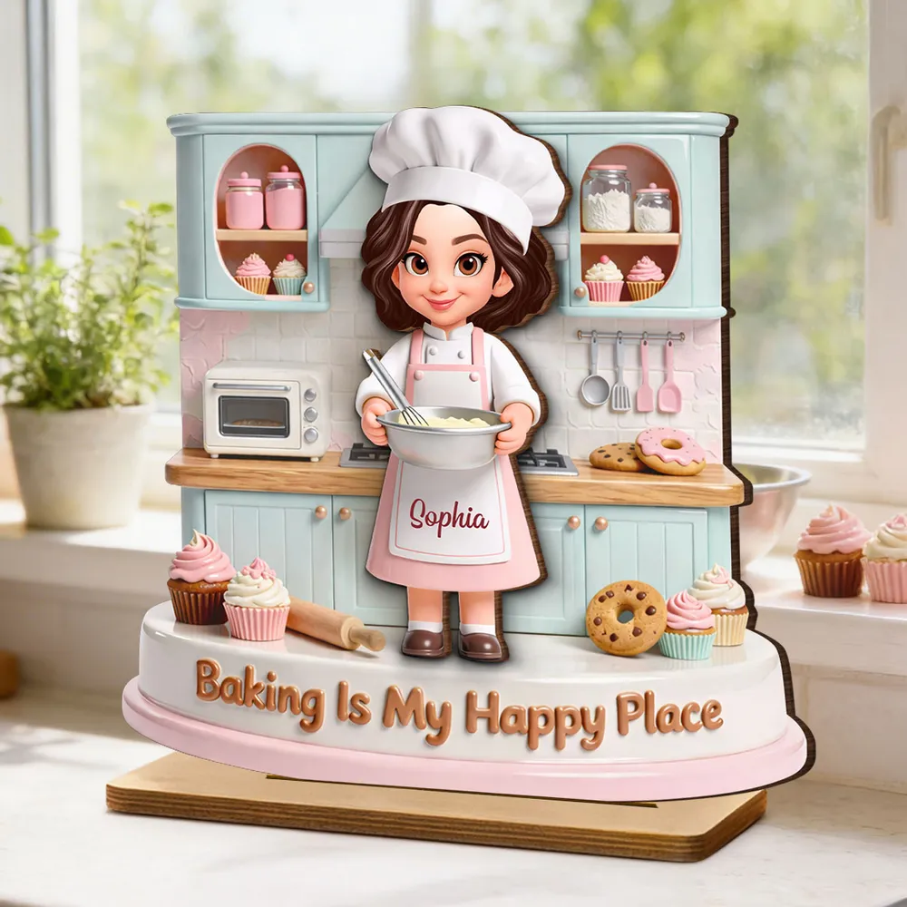 Personalized 2-Layer Wooden Plaque, Baking Is My Happy Place Cute Chef in Pastel Kitchen, Unique Gift for Mom or Grandma - Image 6