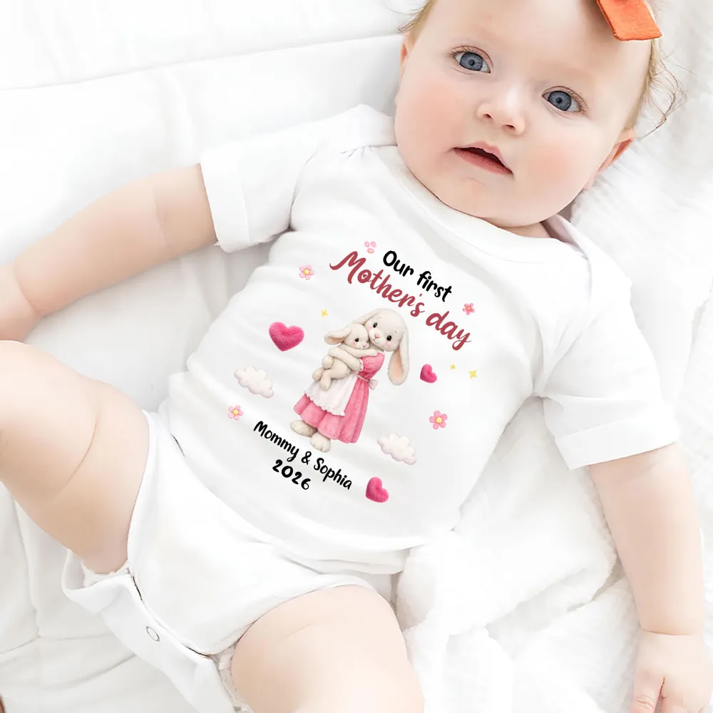 Personalized Mother's Day Short Sleeve Baby Onesie with Bunny Mom & Baby, Sweet First Mother's Day Unique Gift - Image 3