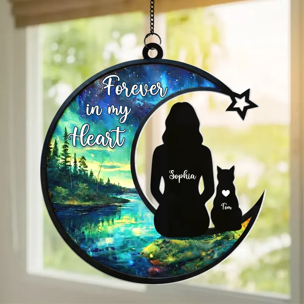 Personalized Acrylic Suncatcher Ornament Cat Memorial Silhouette in Starry Lake Scene - Unique Gift for Cat Lovers