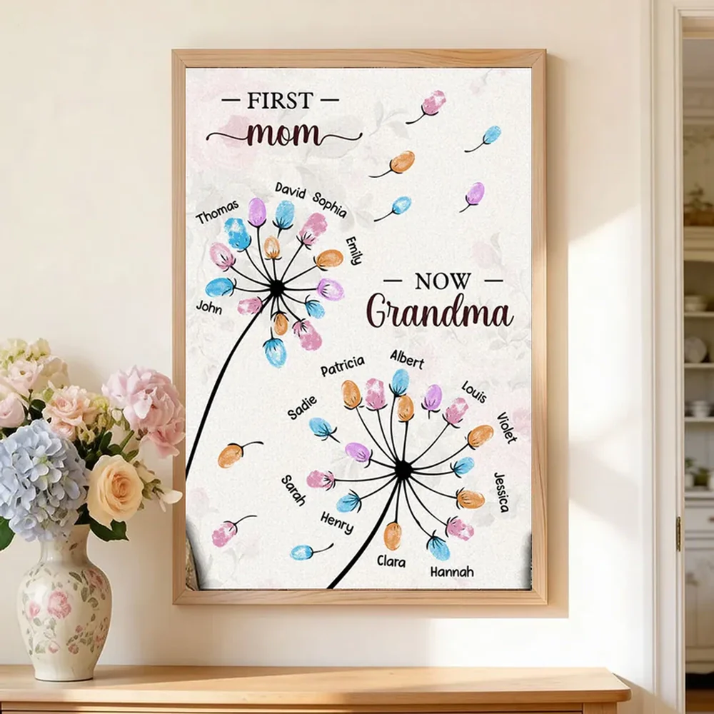 Personalized Dandelion Fingerprint Flower Poster, First Mom Now Grandma Wall Art, Unique Gift for Grandma or Mom