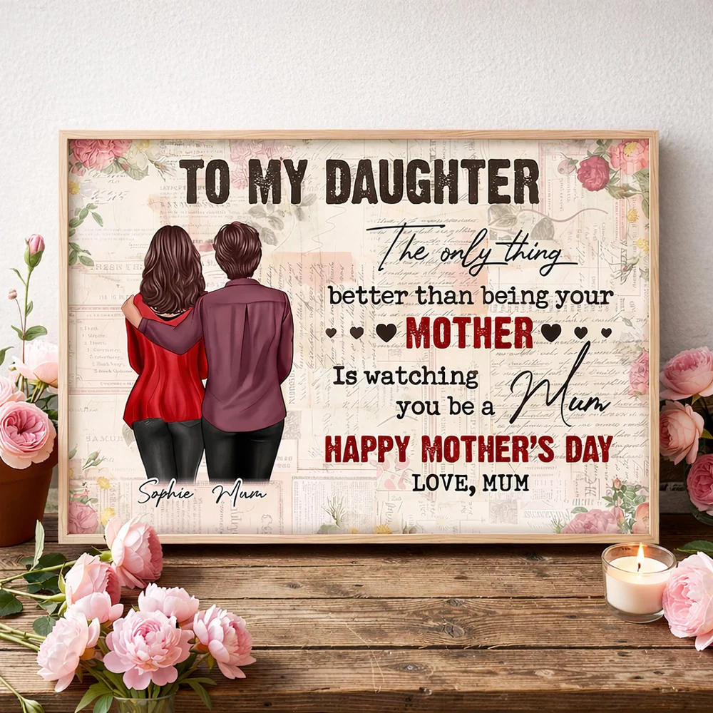 Personalized Mother Daughter Hug Poster, Vintage Floral Lettering Wall Art, Unique Mother's Day Gift for Mom