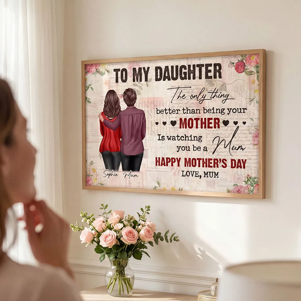 Personalized Mother Daughter Hug Poster, Vintage Floral Lettering Wall Art, Unique Mother's Day Gift for Mom - Image 2