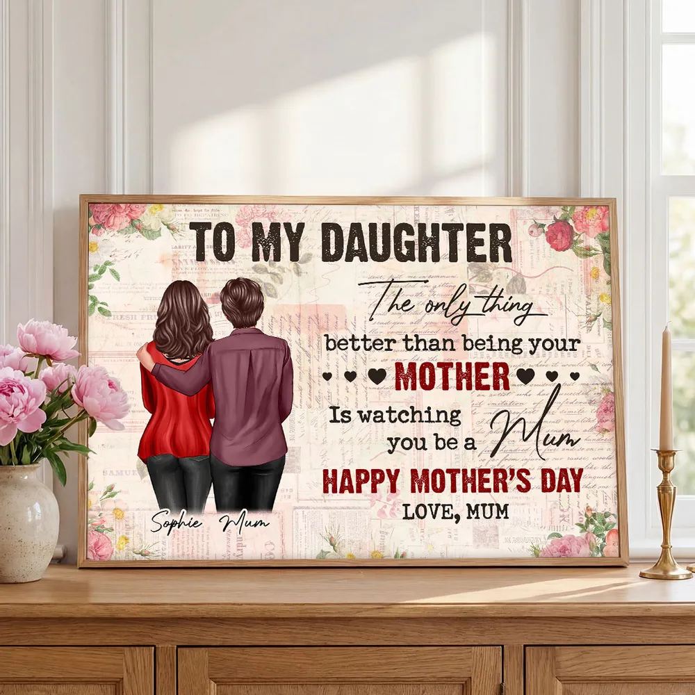 Personalized Mother Daughter Hug Poster, Vintage Floral Lettering Wall Art, Unique Mother's Day Gift for Mom - Image 3