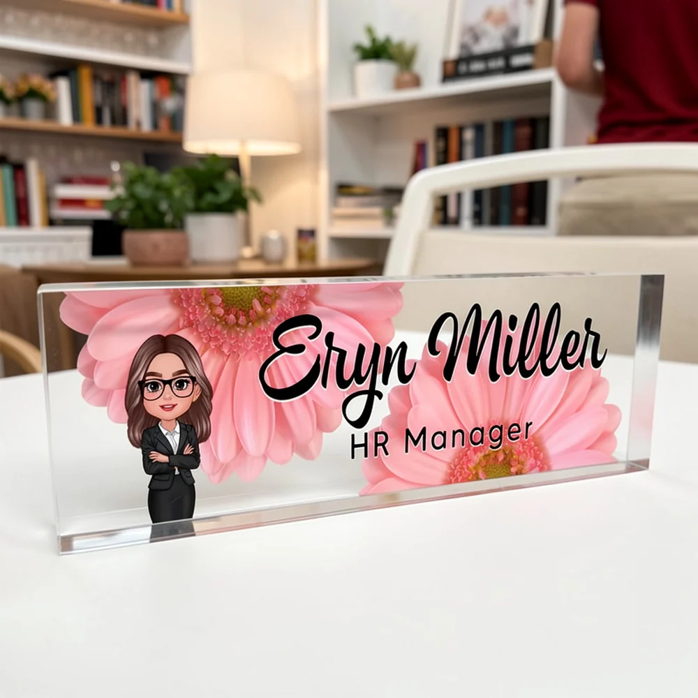 Personalized Rectangle Acrylic Block Plaque with Daisy Office Character, Unique Desk Decor Gift for Coworker or Boss