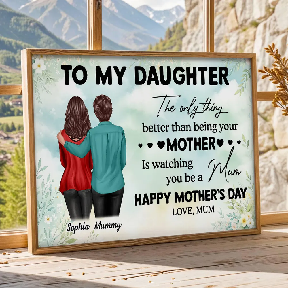 Personalized Mother's Day Message Poster with Mom and Daughter Hugging Illustration, Floral Wall Art, Unique Gift for Daughter - Image 2
