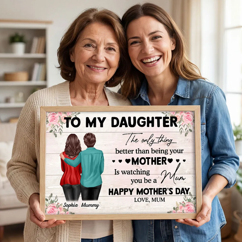 Personalized Mother's Day Message Poster with Mom and Daughter Hugging Illustration, Floral Wall Art, Unique Gift for Daughter - Image 5