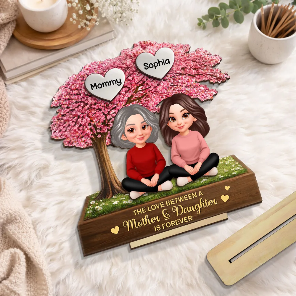 Personalized 2-Layer Wooden Plaque Mother & Daughter Under Pink Blossom Tree, Heartfelt Unique Gift for Mom - Image 3