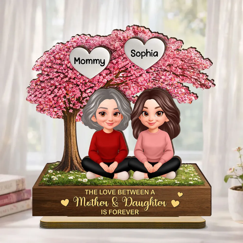Personalized 2-Layer Wooden Plaque Mother & Daughter Under Pink Blossom Tree, Heartfelt Unique Gift for Mom - Image 6