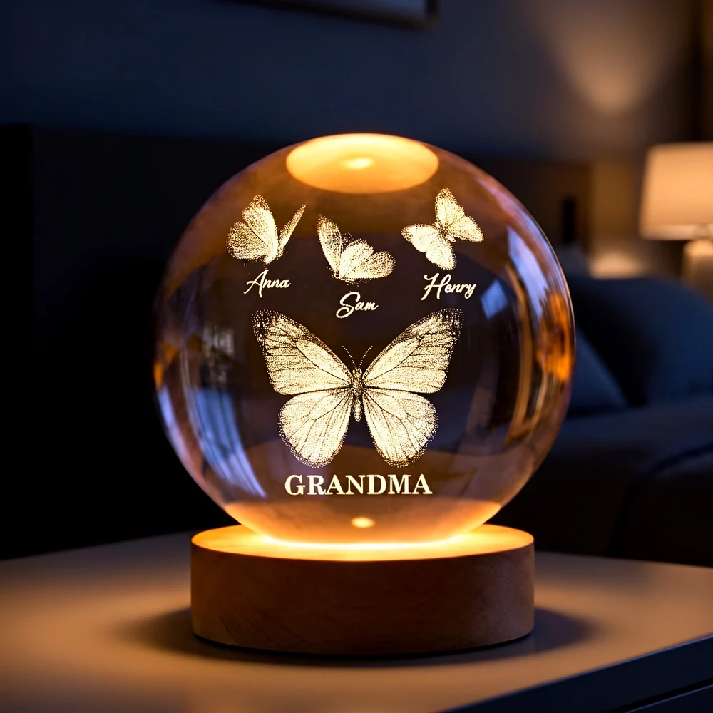 Personalized 3-Color K5 Globe Lamp with Butterflies for Grandma - Unique Custom Gift for a Cozy Nightstand Glow