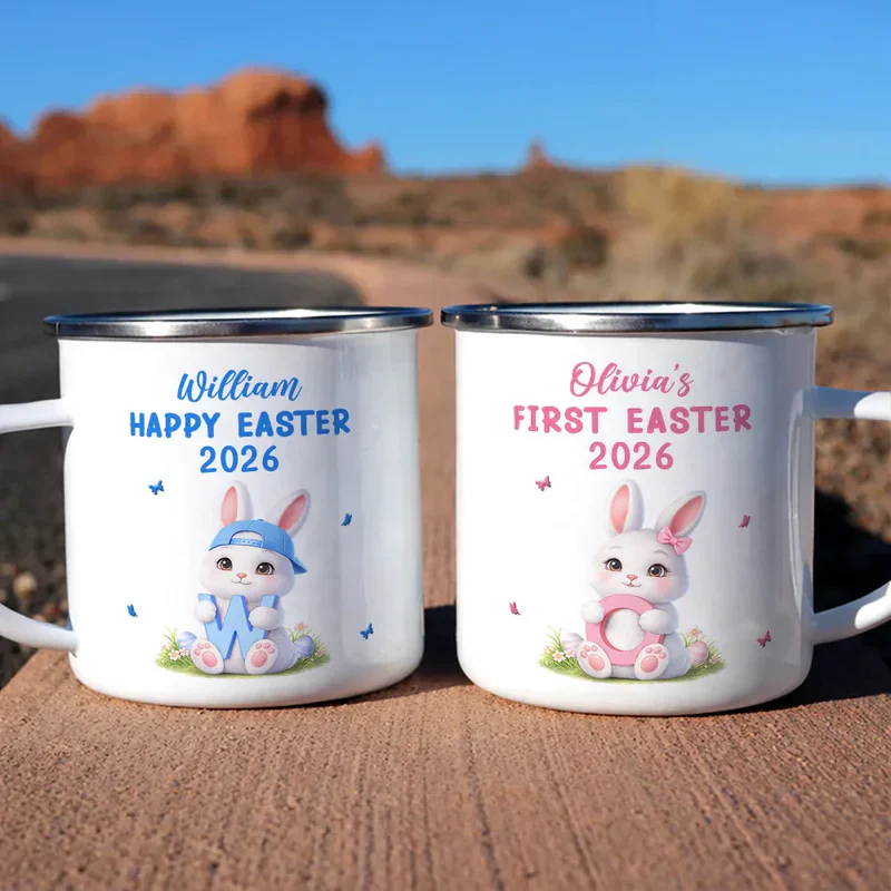 Personalized Easter Bunny Enamel Mug with Custom Initial, Cute Spring Gift for Kids or Family, Sweet Keepsake - Image 6