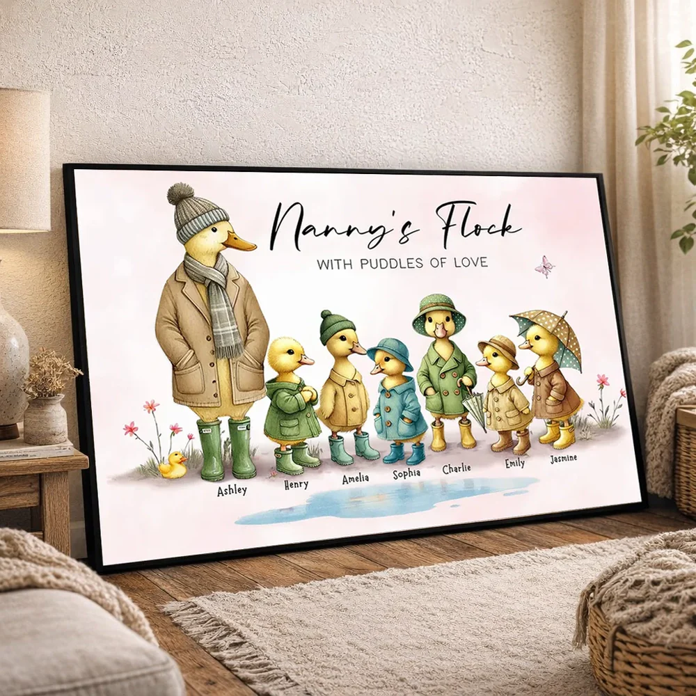 Personalized Nanny's Flock Poster, Cute Duck Family Wall Art, Unique Gift for Grandma or Nana, Warm Modern Decor