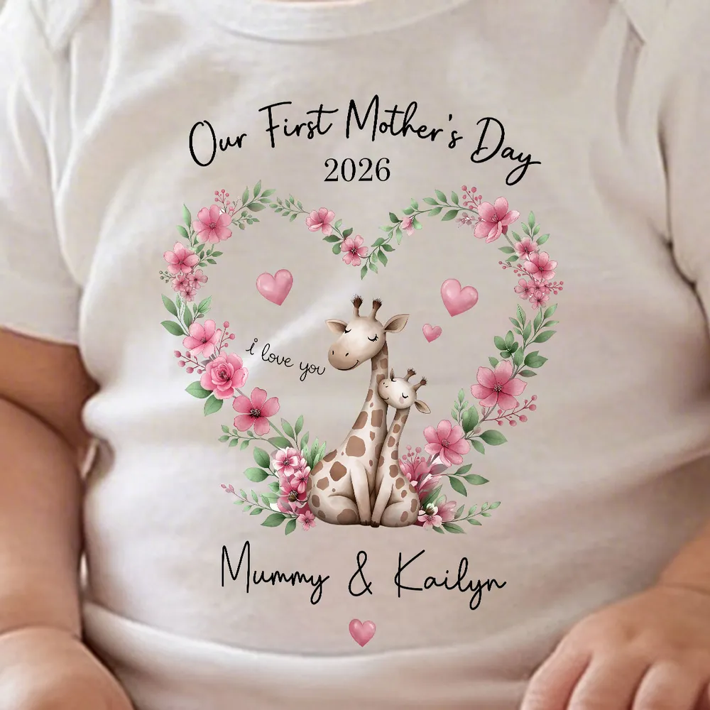 Short Sleeve Baby Onesie Personalized for First Mother's Day, Blue Floral Giraffe Mom and Baby, Sweet Photo-Ready Gift - Image 2