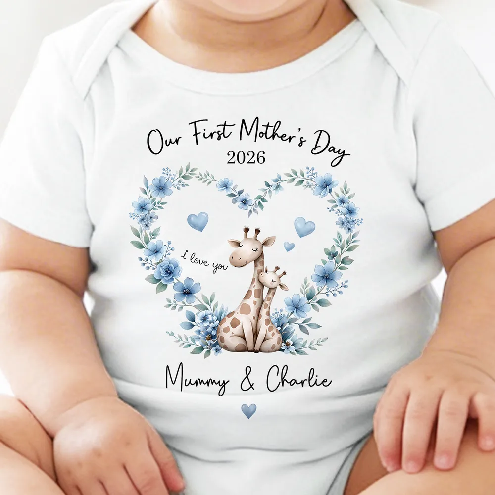 Short Sleeve Baby Onesie Personalized for First Mother's Day, Blue Floral Giraffe Mom and Baby, Sweet Photo-Ready Gift - Image 5