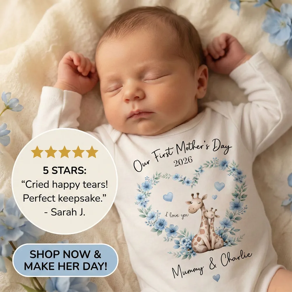 Short Sleeve Baby Onesie Personalized for First Mother's Day, Blue Floral Giraffe Mom and Baby, Sweet Photo-Ready Gift - Image 7