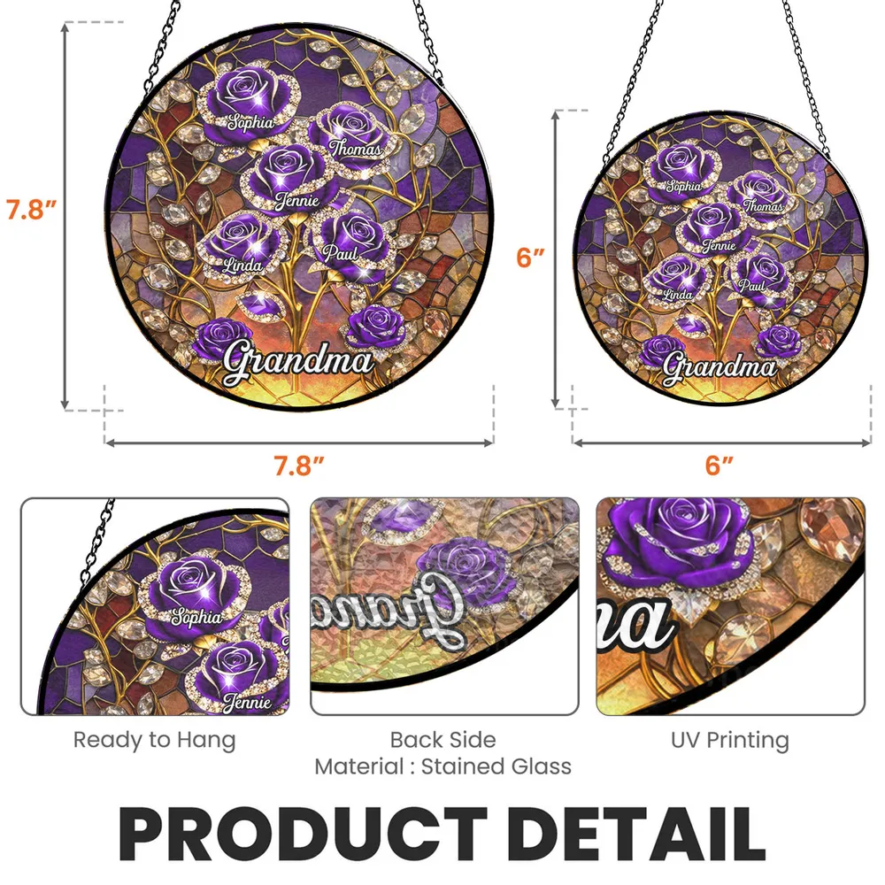 Personalized Glass Suncatcher Ornament with Purple Roses for Grandma, Stained Glass Style Window Display, Unique Keepsake Gift - Image 4