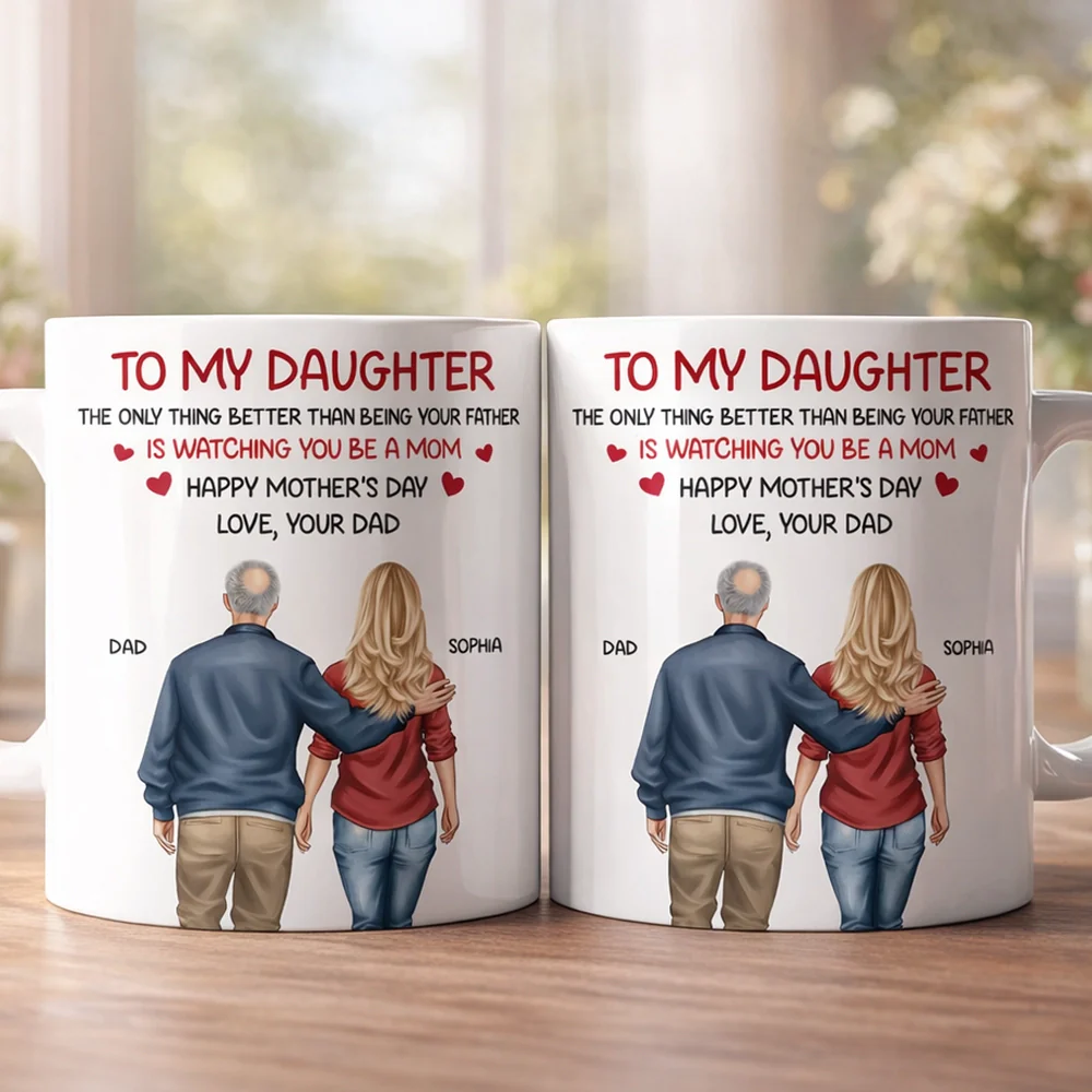 White Ceramic Mug Personalized for a Daughter, Heartwarming Father and Daughter Illustration, Thoughtful Mother's Day Gift