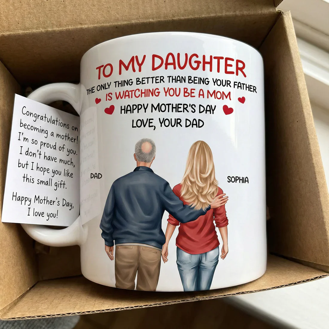 White Ceramic Mug Personalized for a Daughter, Heartwarming Father and Daughter Illustration, Thoughtful Mother's Day Gift - Image 2