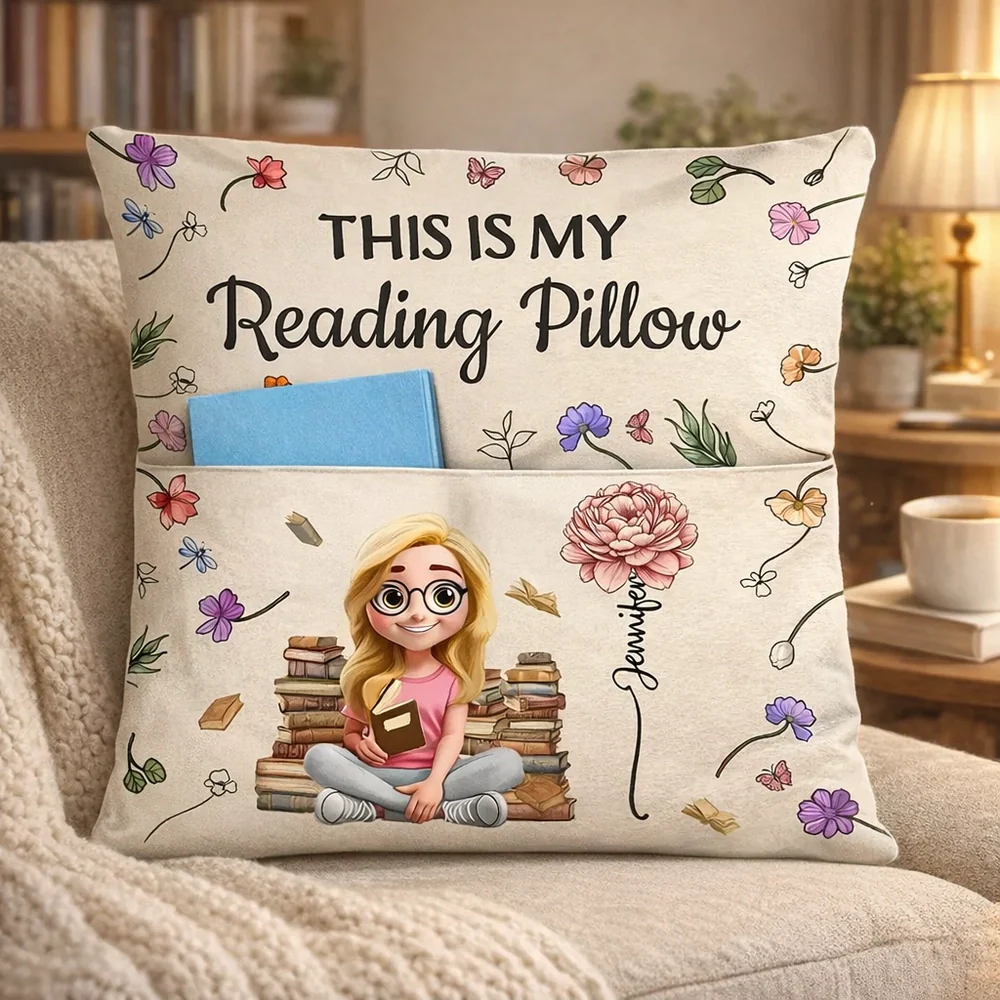 Personalized Pocket Pillow (Stuffing Included) Reading Girl With Flowers - Unique Gift For Book Lovers