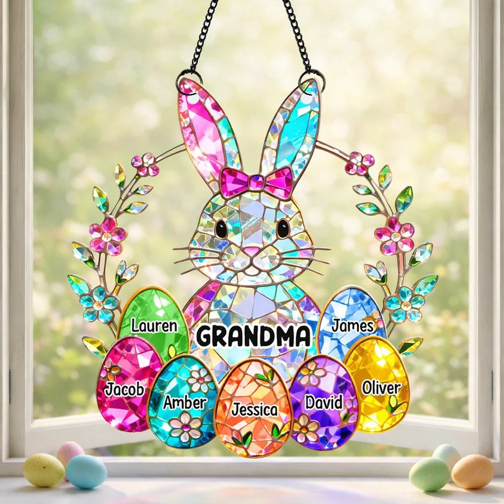 Acrylic Suncatcher Ornament Rainbow Bunny with Floral Wreath for Grandma Sunny Window Decor Unique Gift - Image 3