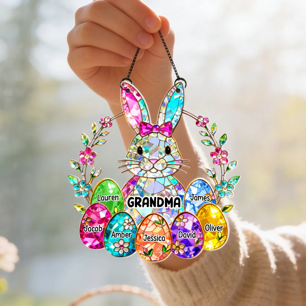 Acrylic Suncatcher Ornament Rainbow Bunny with Floral Wreath for Grandma Sunny Window Decor Unique Gift - Image 6