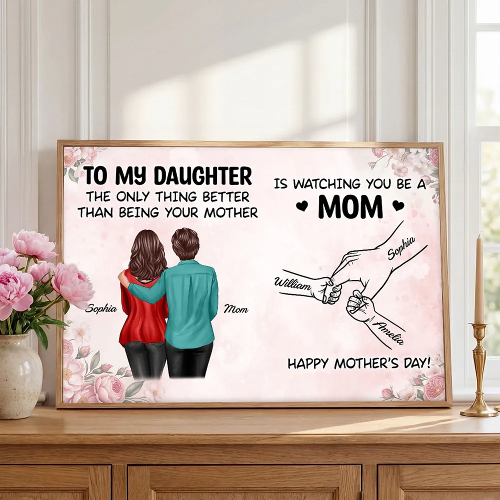 Personalized Mother's Day Poster, Mom and Daughter Hugging Wall Art, Soft Floral Modern Look, Unique Gift for Mom