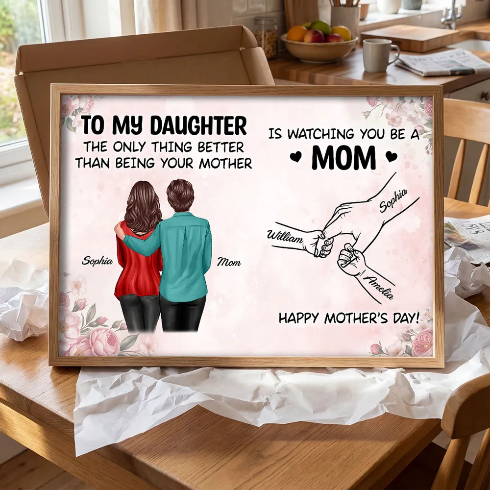 Personalized Mother's Day Poster, Mom and Daughter Hugging Wall Art, Soft Floral Modern Look, Unique Gift for Mom - Image 3