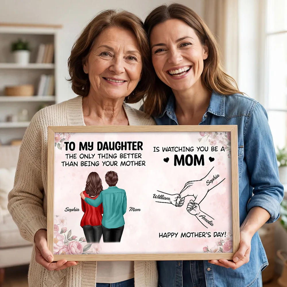 Personalized Mother's Day Poster, Mom and Daughter Hugging Wall Art, Soft Floral Modern Look, Unique Gift for Mom - Image 4