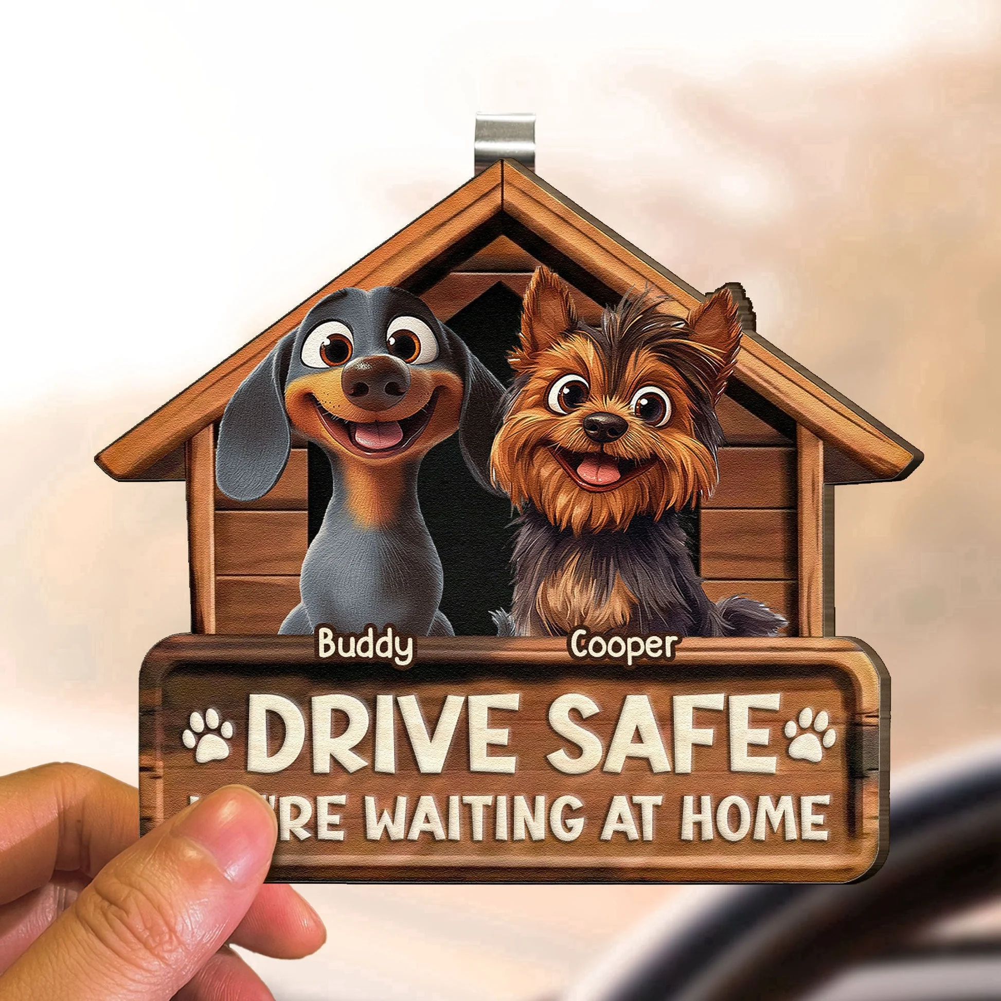Personalized Wooden Car Visor Clip with Cute Dogs and 'Drive Safe We're Waiting At Home' Unique Gift for Pet Owners - Image 3
