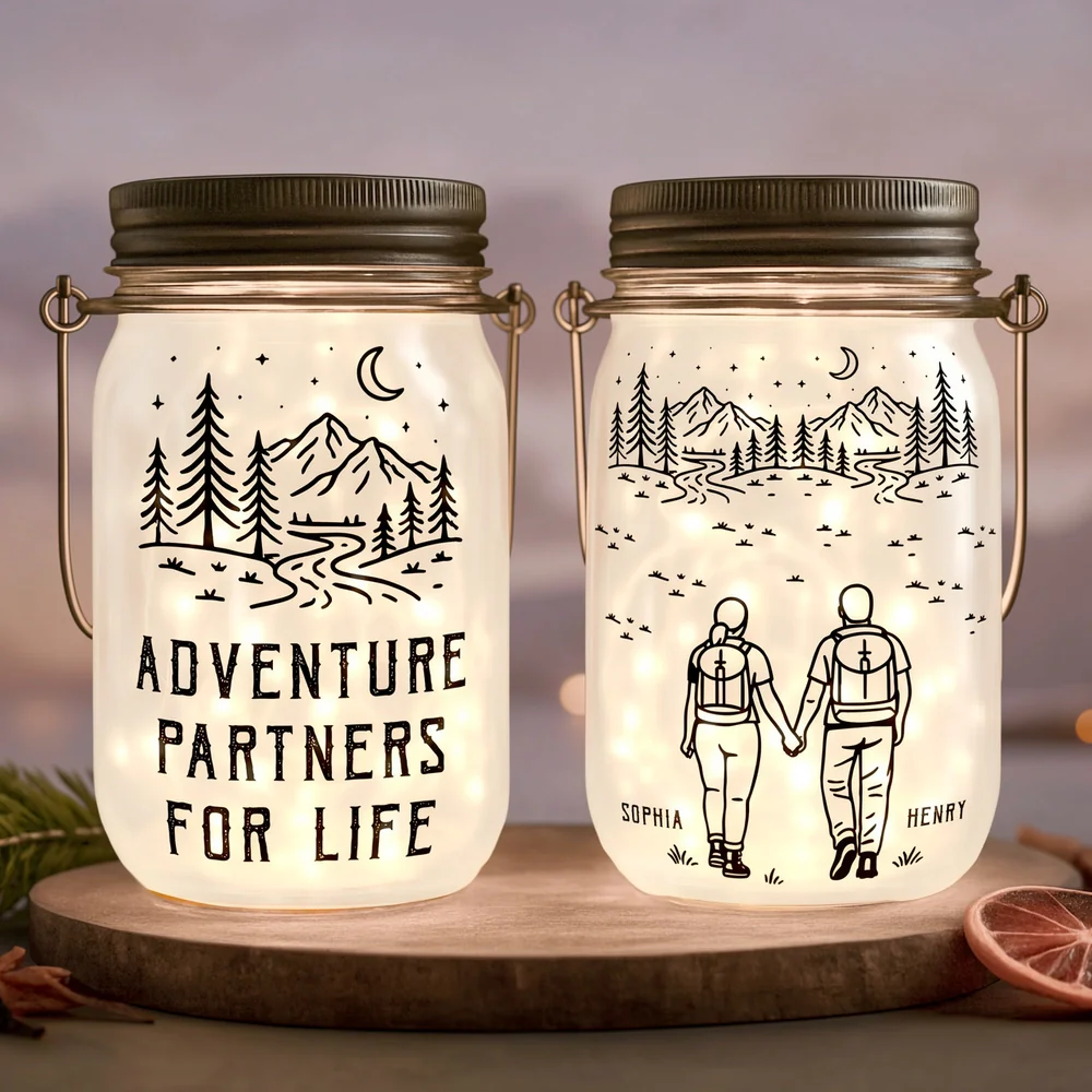 Personalized Solar Mason Jar Light with Adventure Partners For Life Hiking Couple Design - Unique Gift for Couples