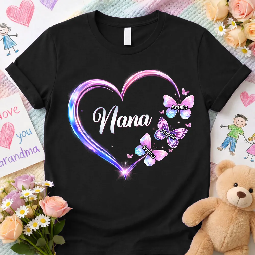 Personalized Grandma Butterfly Heart Classic Tee, Custom Keepsake Gift for Grandma, Glowing Neon Style Love Design - Image 2