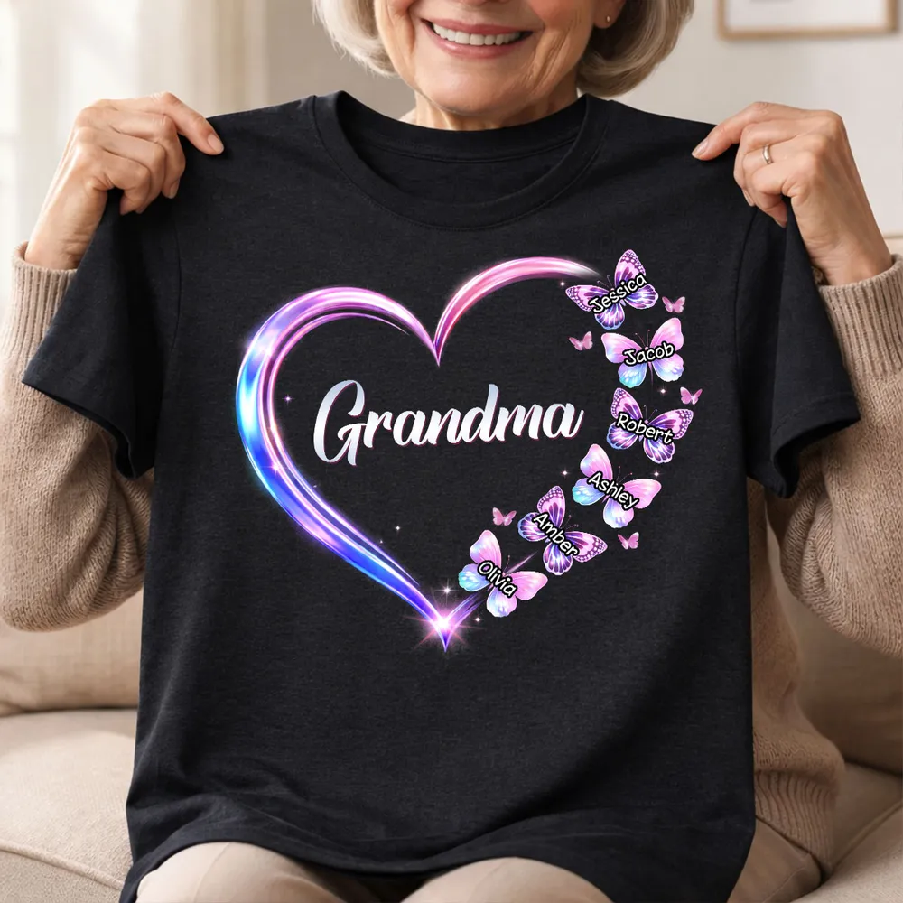 Personalized Grandma Butterfly Heart Classic Tee, Custom Keepsake Gift for Grandma, Glowing Neon Style Love Design - Image 4