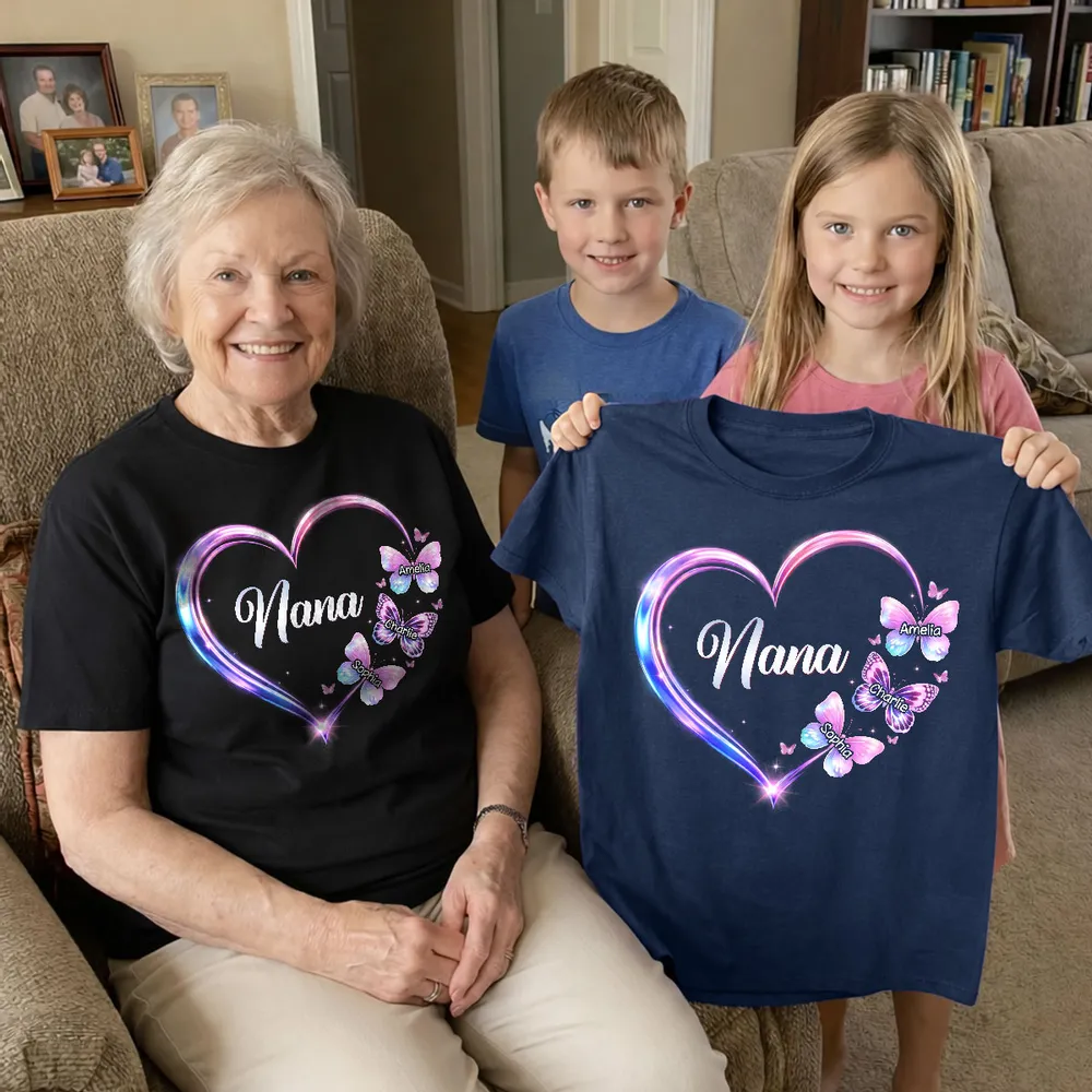 Personalized Grandma Butterfly Heart Classic Tee, Custom Keepsake Gift for Grandma, Glowing Neon Style Love Design - Image 5