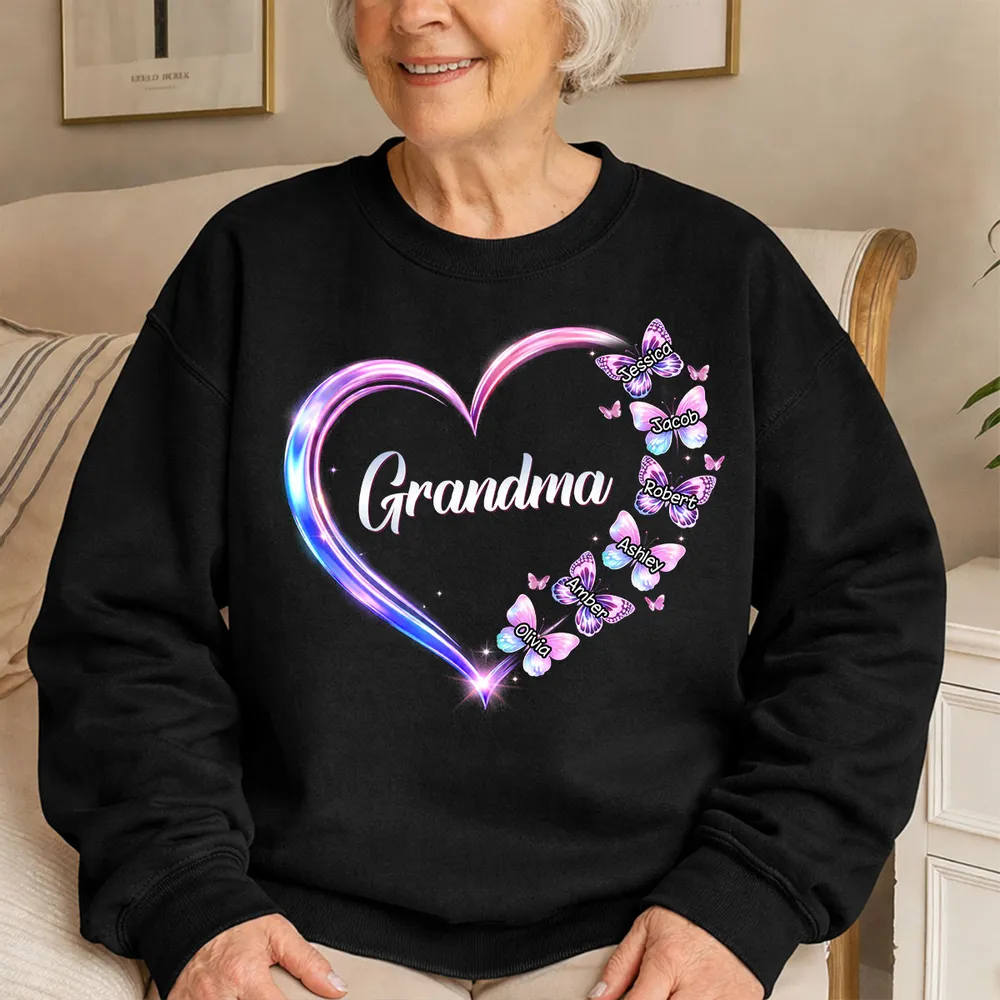 Personalized Grandma Butterfly Heart Classic Tee, Custom Keepsake Gift for Grandma, Glowing Neon Style Love Design - Image 6