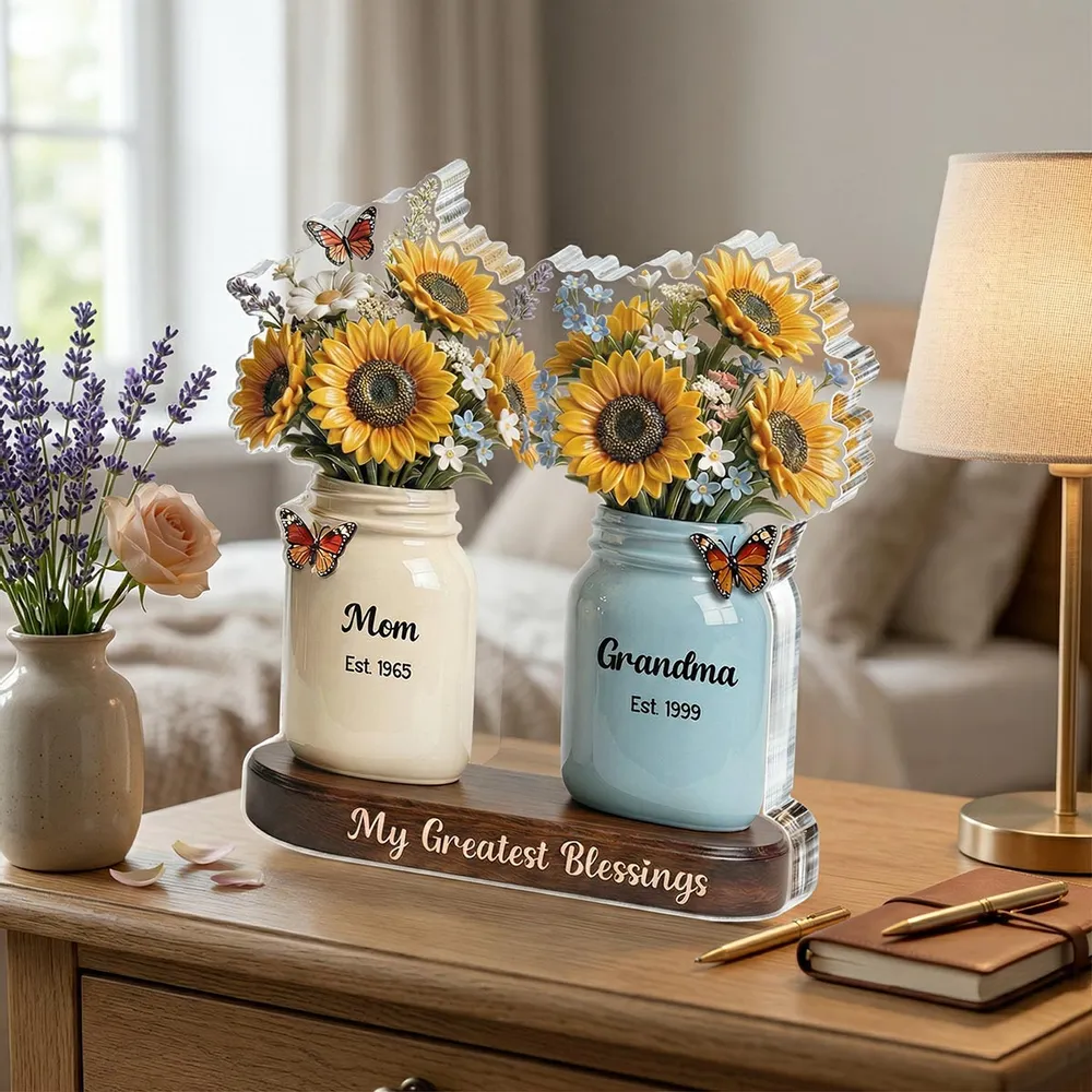 Personalized Shaped Acrylic Block Plaque with Sunflower Mason Jars, 'My Greatest Blessings' Unique Gift for Mom & Grandma - Image 2