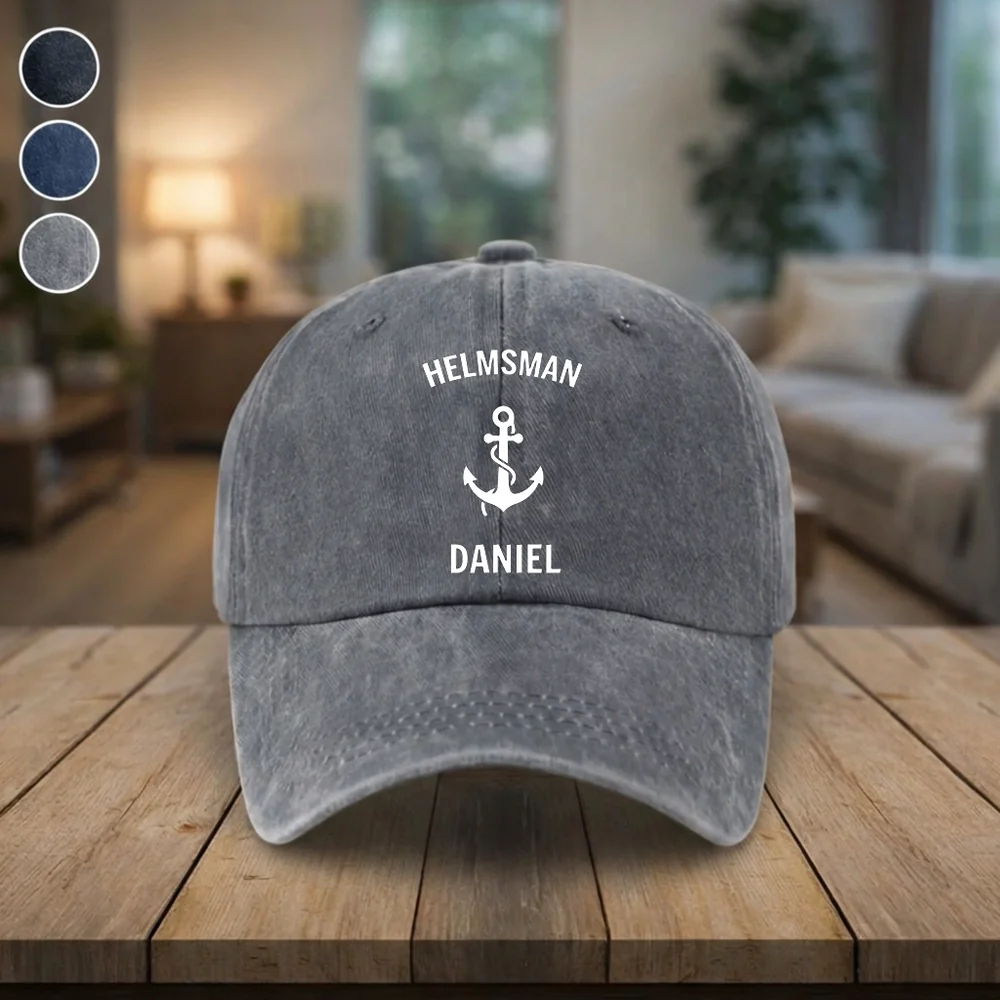 Personalized Washed Denim Baseball Cap with Anchor Icon, Nautical Vintage Look, Unique Gift for Sailors & Dads