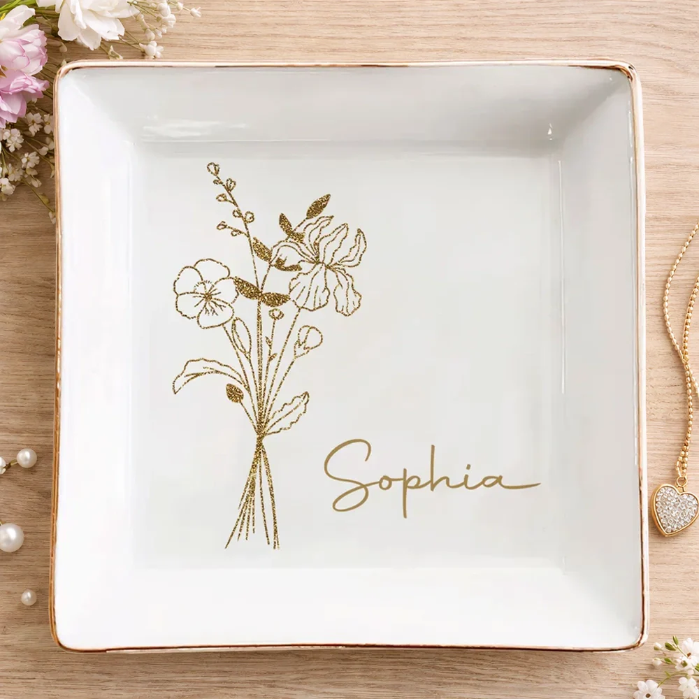 Elegant Jewelry Dish Personalized with Name, Minimal Gold Bouquet Vanity Catchall, Thoughtful Sentimental Gift