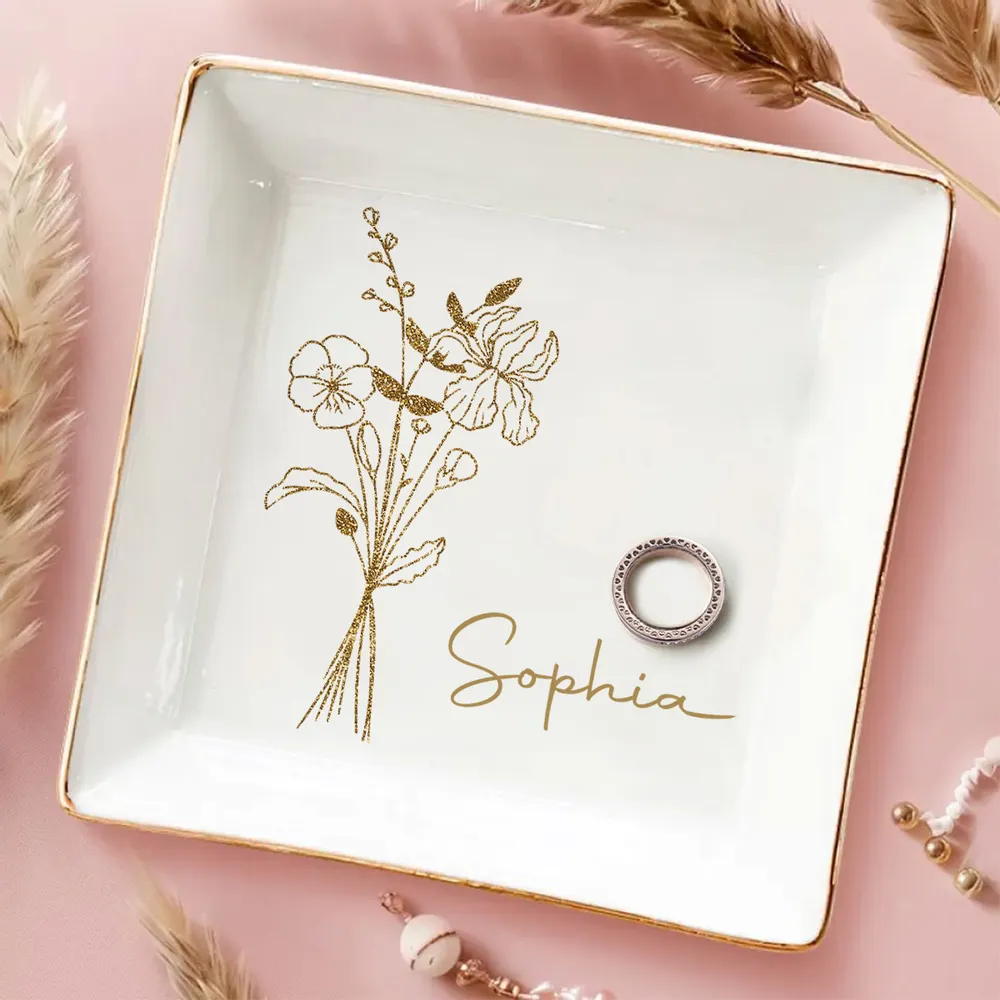 Elegant Jewelry Dish Personalized with Name, Minimal Gold Bouquet Vanity Catchall, Thoughtful Sentimental Gift - Image 2