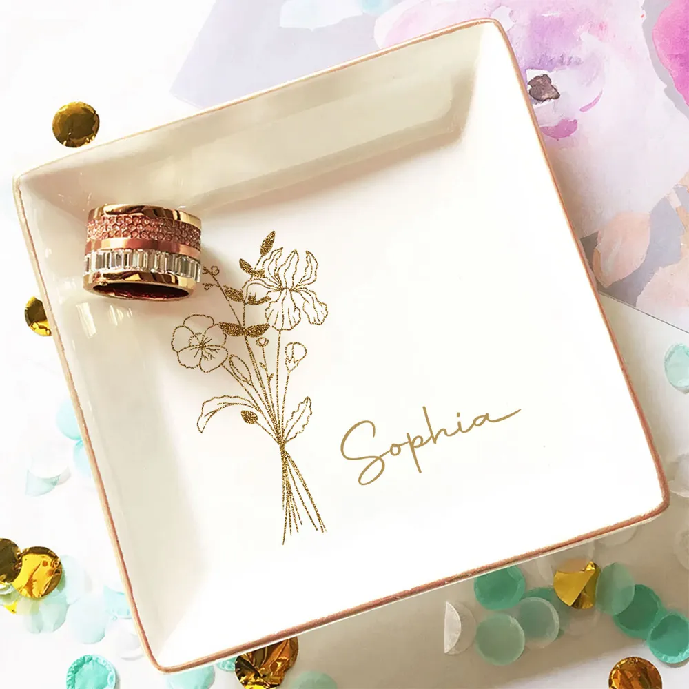 Elegant Jewelry Dish Personalized with Name, Minimal Gold Bouquet Vanity Catchall, Thoughtful Sentimental Gift - Image 3
