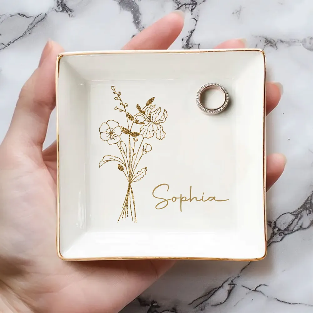 Elegant Jewelry Dish Personalized with Name, Minimal Gold Bouquet Vanity Catchall, Thoughtful Sentimental Gift - Image 5