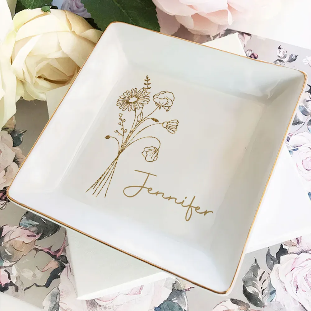 Elegant Jewelry Dish Personalized with Name, Minimal Gold Bouquet Vanity Catchall, Thoughtful Sentimental Gift - Image 6